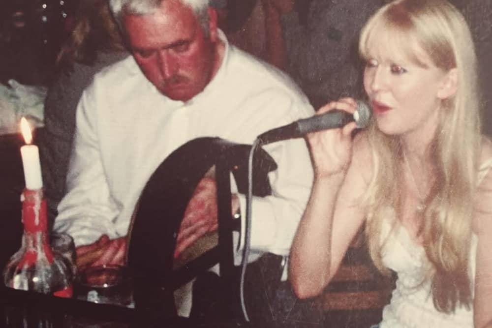 Gerald 'Doc' O'Doherty playing the bodhrán and Mandy singing during a session with the Henshaw family in Athlone many years ago.
