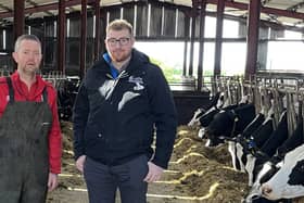 Kenny Watson from Macosquin, a member of the Coleraine Dairy Business Sustainability Group (BSG) welcomes CAFRE Dairy Adviser, Harry O’Kane onto his home farm.