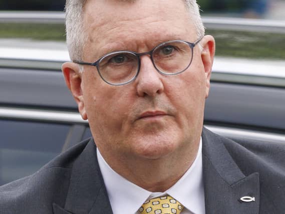 Sir Jeffrey Donaldson arriving at Newry Crown Court, where he and his wife Lady Eleanor Donaldson are accused of historical sexual offences