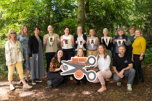 Reuse & Repair Week Launch ... From left to right: Back row – Michele Murphy, Derry City & Strabane District Council (DCSDC), Abby Mc Sherry Newry Mourne & Down Council, Eimear Montague, Northern Ireland Resources Network (NIRN), Clive Catterson, Ards & North Down Council, Nicola Keown, Antrim & Newtownabbey, Caroline Mc Gill Armagh City, Banbridge & Craigavon Council (ABC), Jane Mitchell ABC Council, Caitlin Jones, Fermanagh & Omagh District Council, Sue Spencer, DAERA, Cathy Burns, DCSDC, Catherine Taylor, NIRN. Front Row – Katie O’ Donnell, NIRN, Liz Kelly DAERA, Catherine Mullin, NIRN, Ryan Wilson, Ards & North Down Council.