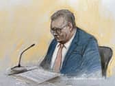 A court artist's sketch of Sir Jeffrey Donaldson in the witness box at Newry Crown Court