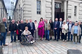 Mr John McDevitt, his mother Agnes, sister Elaine and life partner Willie with Colum Eastwood MP,  Cllr Brian Tierney, Grainne Teggart from Amnesty International, Des Clayton from Pat Finucane Centre, representatives from Cúnamh and Patricia Coyle, solicitor. Representatives from other NGOs who assisted in the case were also in court today from Committee for Administration of Justice and Mark Thompson from Relatives for Justice. 