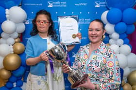 Tiffany Arnscheidt receives the Zachary Geddis award from Yasmin Geddis at North West Regional College's Best in FE awards. 