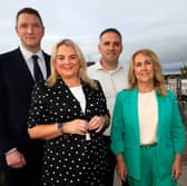 Sinn Féin candidates for Assembly election 2027, Cllr Sandra Duffy, Cllr Chris Jackson and Cllr Christopher Jackson, wifh John Finucane MP, North Belfast.