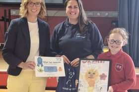 From left, Moneymore PS Principal Mrs Ashley Cunningham, NI Water’s Anna Killen and winner Lily Lennox.