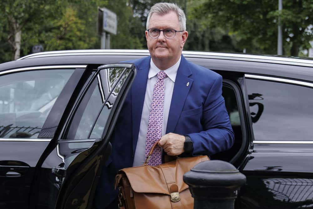 Sir Jeffrey Donaldson arrives at Newry Crown Court,