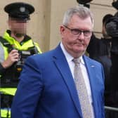 Sir Jeffrey Donaldson leaving Newry Crown Court
