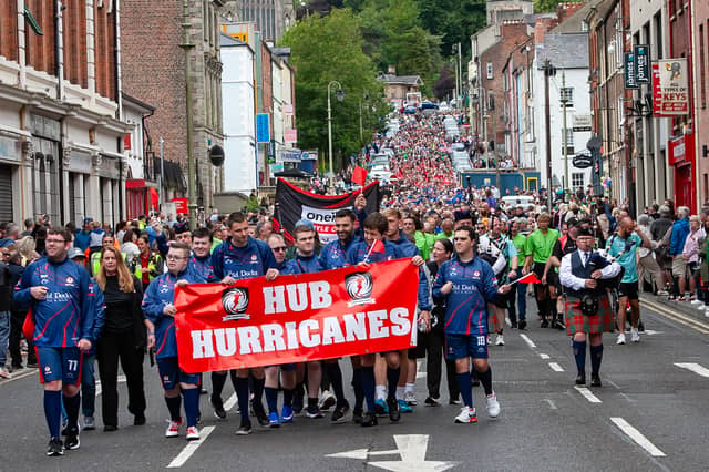 FOYLE CUP PARADE. . . . .The colourful 2026 O'Neills Foyle Cup Parade makes its way down Great James Street, Derry on Monday morning.