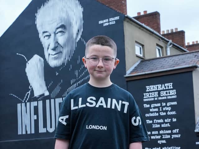 Jude Shiels at the finished Seamus Heaney artwork