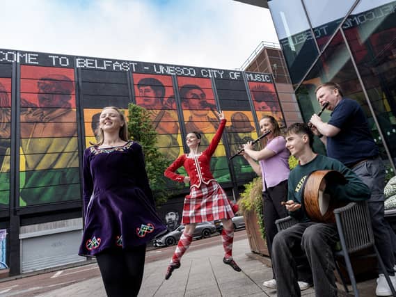 Dancers at the launch of the 2026 Fleadh in Belfast