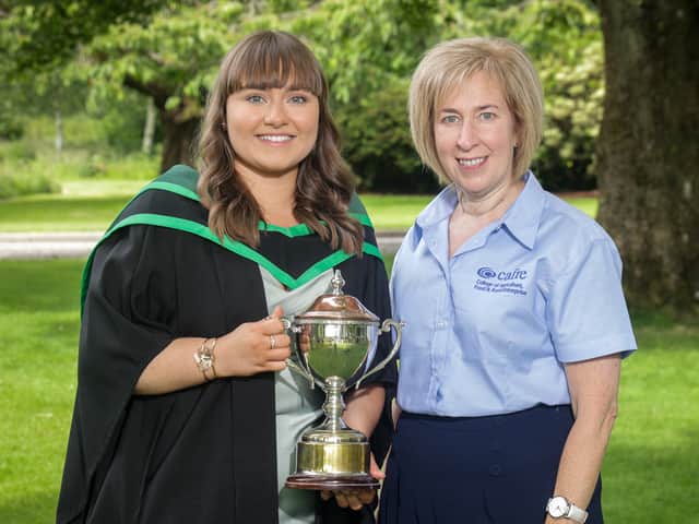 Leah Montgomery from Drumahoe received the Collette O’Neill Memorial Cup awarded to the student who contributed most to life at Loughry Campus. Leah graduated with a First Class Honours degree and was congratulated by Judith Mullan, Loughry Campus Student Services Manager.