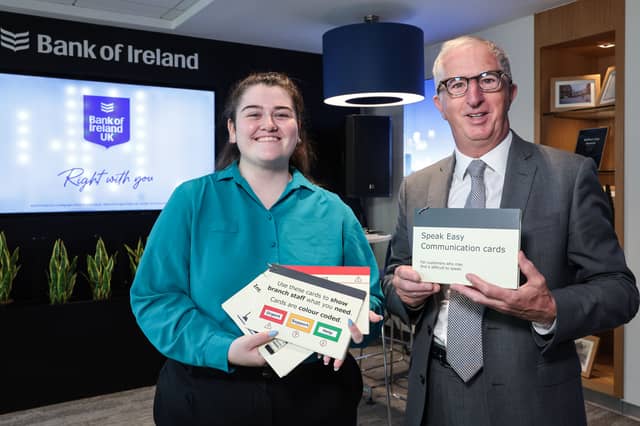 Rebecca Lynch, Belfast City Branch with George Higginson, Managing Director, Everyday Banking, Bank of Ireland UK launching Speak Easy Cards which are now available to customers across Bank of Ireland’s branch network.