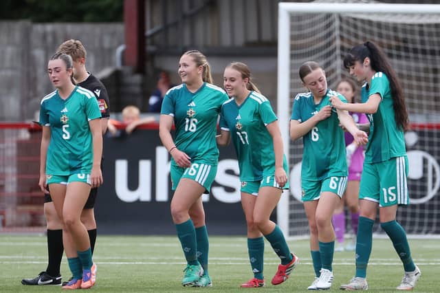 Northern Ireland's Lauren Kirkpatrick celebrates after completing her hat-trick during the Girls' Premier fixture against Chicago City at Dixon Park in the 2026 Budget Energy SuperCupNI.