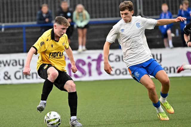 Players in action during the Boys' Premier clash between County Antrim and Rangers at the 2026 Budget Energy SuperCupNI.