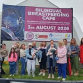 Mammies and babies at unveiling of mural announcing World Breastfeeding Week 2026 & the upcoming celebration at the Bilingual Breastfeeding Café in Derry. Caoilfhionn, Caoimhe & Niamh Stevenson, Éire Rós, Amy & Saoirse McCaffferty, Kerry Moran & Conán, Georgina Harkin & Malachy, Catherine Millar (Surestart), Shaina O'Kane & Fiadh, Amy Roberts & Ellie, Mary Delargy (Culturlánn), Bernardine Donohoe (Surestart), Cliodhna Dunne (La Leche League) and Maria Herron (North West BAPS).
