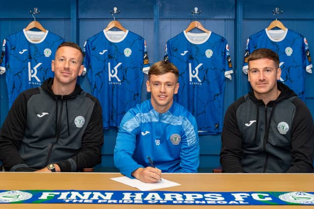 Finn Harps announce the signing of Ciaron Harkin, pictured with Patrick McEleney (right), Head Coach at Finn Harps and Shane McEleney (left), Assistant Manager.