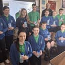 Pupils with their new reusable water bottles as part of NI Water’s Refillution campaign.   
