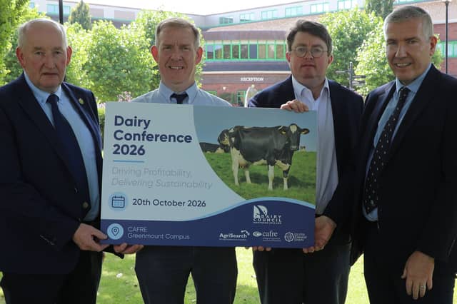 Dairy Conference Partners pictured (L-R) are Glenn Cuddy, Deputy President at Ulster Farmers Union, Joe Mulholland, Head of Dairy at CAFRE, Jason Rankin, Senior Industry Advisor at Agrisearch and Ian Stevenson, CEO of Dairy Council for Northern Ireland.