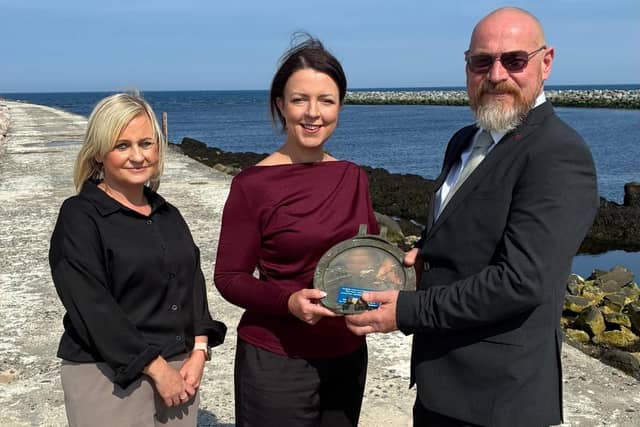 Pictured left to right, Lisa McLaughlin, Harbour Master, Infrastructure Minister Liz Kimmins and Robert Skelly, Chair of Coleraine Harbour Commissioners.