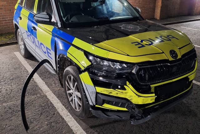 Police vehicle rammed in Derry during which two officers were injured.