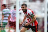 Michael Duffy of Derry City celebrates after scoring Derry's seond goal.