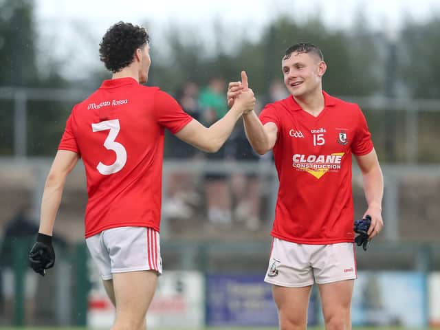 Magherafelt James Murray and Cormac Murphy after beating Slaughtneil during the Derry Senior Football Championship match at Owenbeg.