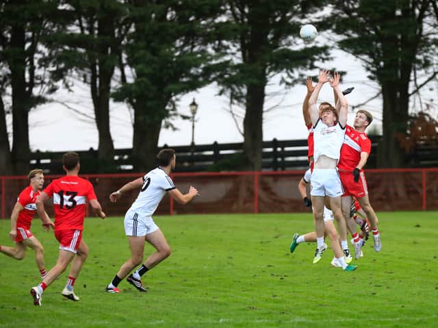 Action from the Drumsurn v St. Malachy's Castledawson, in the McFeely Group Intermediate Football Championship Group C Round 1 at Drumsurn on Friday night.