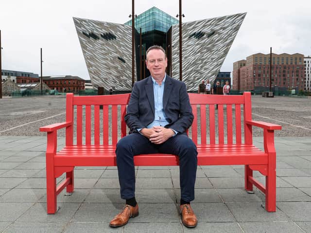 Manufacturing NI Chief Executive Stephen Kelly suffered a heart attack while on a short break in Alicante with his wife Carol to celebrate their silver wedding anniversary. Stephen shared his story of living with cardiovascular disease as part of British Heart Foundation’s ‘Keep Us Beating’ campaign. He is pictured on an iconic BHF red bench at Titanic Belfast.