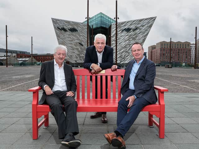 Two of Northern Ireland’s leading business figures, former Tourism NI Chief Executive John McGrillen and Manufacturing NI Chief Executive Stephen Kelly joined forces to share their stories on living with cardiovascular disease as part of British Heart Foundation’s ‘Keep Us Beating’ campaign. They are pictured on an iconic BHF red bench at Titanic Belfast with Head of BHF NI Fearghal McKinney.