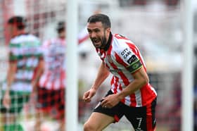 Michael Duffy, fresh off scoring against reigning champions Shamrock Rovers, will look to pierce the Dundalk backline at the Brandywell.