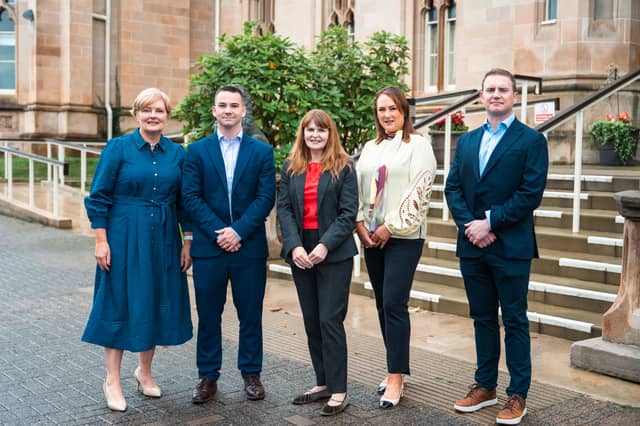 Attending the launch of the Short Courses Programme are (l-r): Professor Gillian Armstrong, Pro Vice Chancellor & Executive Dean, Ulster University Business School; Terence McLaughlin, graduate of the Mini MBA Future Leaders 2025/26; Economy Minister Dr Caoimhe Archibald ; Alison Craig, graduate of the Mini MBA Developing Female Talent 2025/26; and Sean Carey, graduate of the Mini MBA GEMX Lead ME