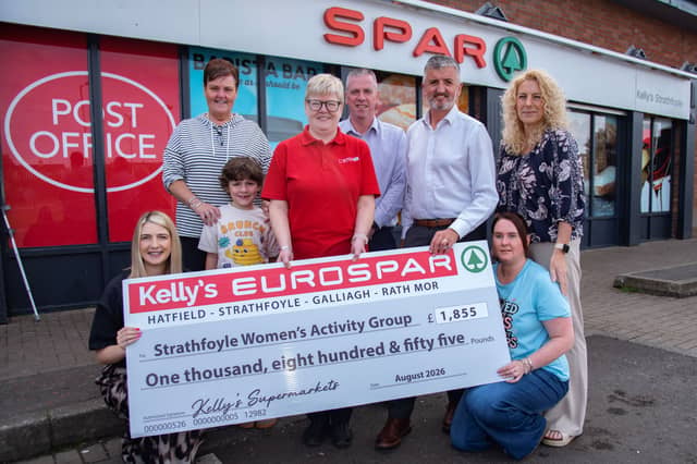 The team at SPAR Strathfoyle recently presented the cheque to Strathfoyle Women’s Activity Group on behalf of Henderson Group. (L-R): Strathfoyle Women's Activity Group Centre Manager Gemma Doherty, Childcare Worker Martina Jenkins, Strathfoyle SPAR store manager Julie Cooley, Area Manager Richard Quigley, Business Development Manager Ciaran Quinn, Strathfoyle Women's Activity Group Finance Admin Coordinator Denise Goodwin and Childcare Worker, Lisa Taylor.