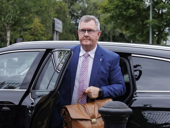 Sir Jeffrey Donaldson arrives at Newry Crown Court during his trial