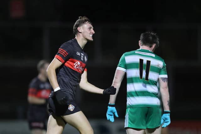 Tommy Rogers of Kilrea celebrates a goal against Faughanvale during the Derry Senior Football Championship game at Owenbeg.
