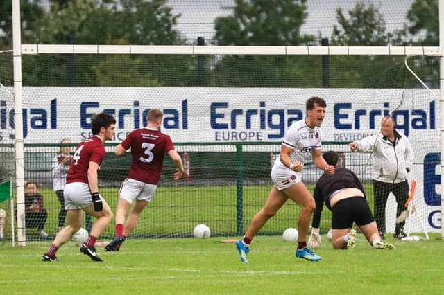 Slaughtneil’s Shane McGuigan in jubilant mood after scoring a goal against Banagher.