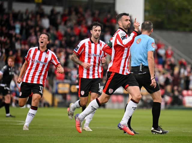 Michael Duffy of Derry City celebrates after scoring his side's second goal, a penalty, during the Club Orange Men’s FAI Cup.