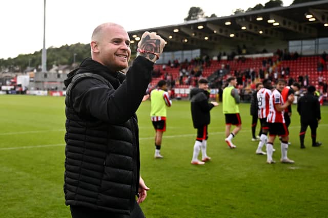 erry City interim manager Mark Connolly celebrates after the Club Orange Mens FAI Cup quarter-final match between Derry City and Dundalk.