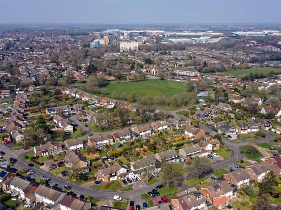 An aerial view of homes