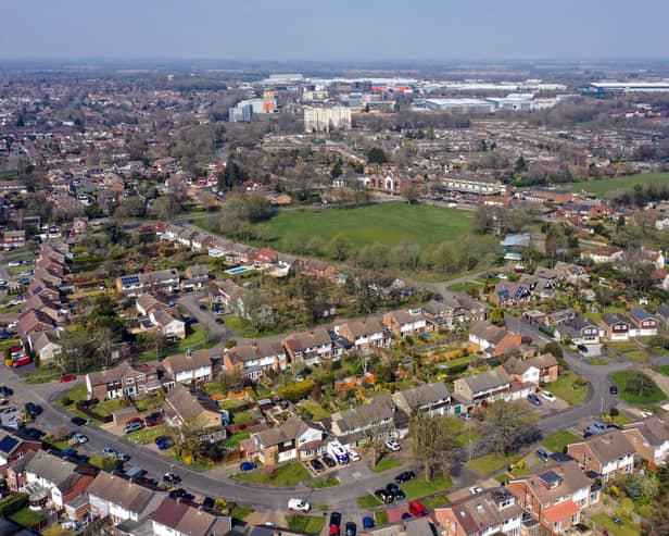 An aerial view of homes