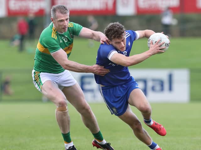 Glen Emmett Bradley with Luke Diamond of Bellaghy during Sundays Derry SFC match at Owenbeg.