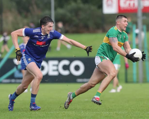 Glen Ciaran McFaul with Paul Cassidy of Bellaghy during Sundays Derry SFC match at Owenbeg.