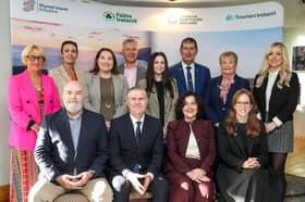 PIC SHOWS: (back row) Karen Henderson, Visit Derry; Catriona Cassidy, Triona; Joy Browne, Donegal County Council; Niamh Quinn, Hanna Hats; Micháel Naughton and Antoinette Coyle, both Clanree Hotel; Carolynne Murray, Shandon Hotel & Spa; (front row) Adrian O’Keeffe, Department of Enterprise, Tourism and Employment; Ciaran Doherty, Tourism Northern Ireland; Joan Crawford, Fáilte Ireland; and Etta Austin, Tourism Ireland, at the inaugural Shared Island tourism workshop in Derry.