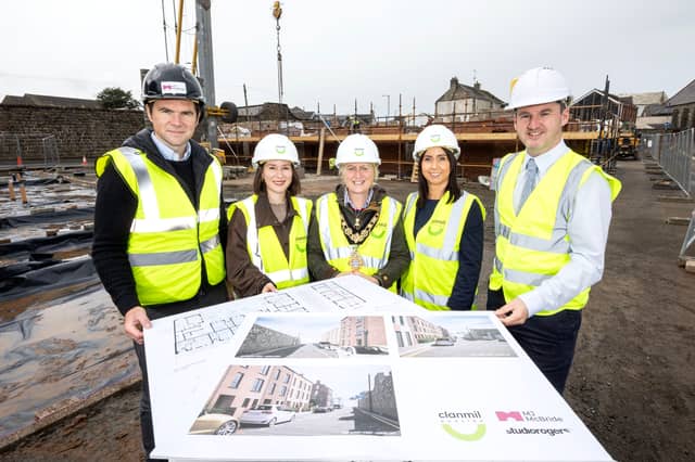 Michael McBride, MJ McBride Construction; Olena Zolotar, Clanmil Housing; Councillor Dawn Huggins, Mayor of Causeway Coast and Glens Borough Council; Denise Doherty, Clanmil Housing; Seamus O’Kane, Studiorogers Architects.