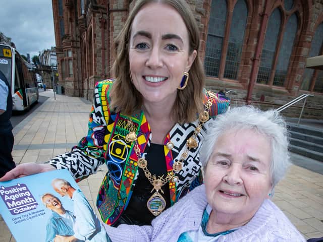 As October fast approaches, there are just a few weeks left until the opening of Derry City and Strabane District Council's Positive Ageing Month programme, and the Mayor, Grace Ui Niallais took the opportunity to officially launch it at the Guildhall on Wednesday afternoon with the help of Mrs. Margie McMahon.