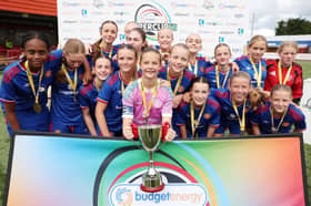 Press Eye - Northern Ireland - Monday 30th July 2026   Budget Energy SuperCupNI 2026   SuperCup NI - Girls - Manchester United Girls Junior side celebrate their win  at the 2026 Budget Energy SuperCupNI.