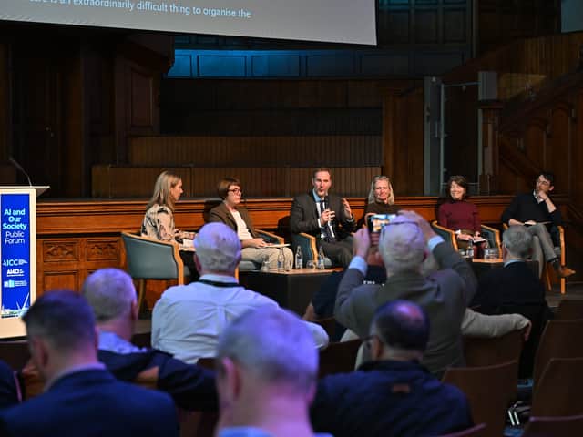 Panel discussion at the AI and Our Society event with panellists (L-R): Lorraine Acheson (Independent Strategy & Policy Adviser), Kathryn Harkin (Head of AI Northern Ireland, NTT DATA), Mark Lee (Acting Deputy Secretary for Economic Policy Group, Department for the Economy NI), Professor Michaela Black (Professor of Artificial Intelligence, Ulster University and AICC Principal Investigator), Patricia O’Hagan MBE (Chair of Matrix NI), Tadhg Hickey (Head of AI and Digital Ethics Policy, AICC). 