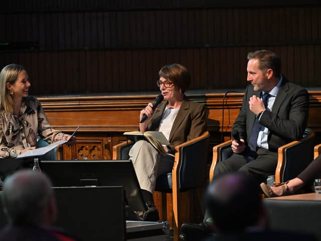 (L-R): AI and Our Society panellists Lorraine Acheson (Independent Strategy & Policy Adviser), Kathryn Harkin (Head of AI Northern Ireland, NTT DATA), Mark Lee (Acting Deputy Secretary for Economic Policy Group, Department for the Economy NI)