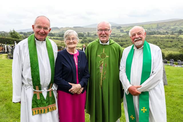 Mena pictured with Fr Noel McDermott, Fr David O'Kane and Fr Charlie Logue.