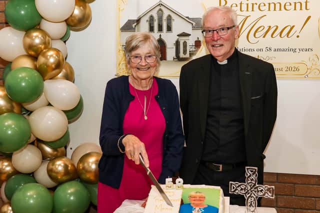Mena pictured with Fr David O’Kane, Parish Priest of Claudy and Craigbane, who will also retire next month.