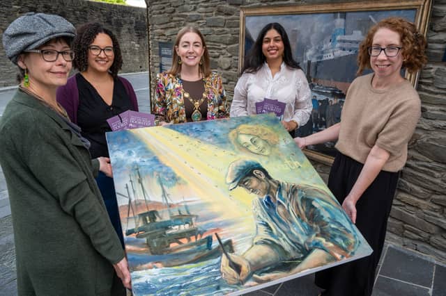 Pictured with the new painting on display at the Tower Museum from September 17th, are, from left, Sinéad Smyth, Artist, Josie Wood (The National Gallery London), Mayor of Derry and Strabane Councillor Grace Uí Niallais, Rohini Sharma (The National Gallery London).